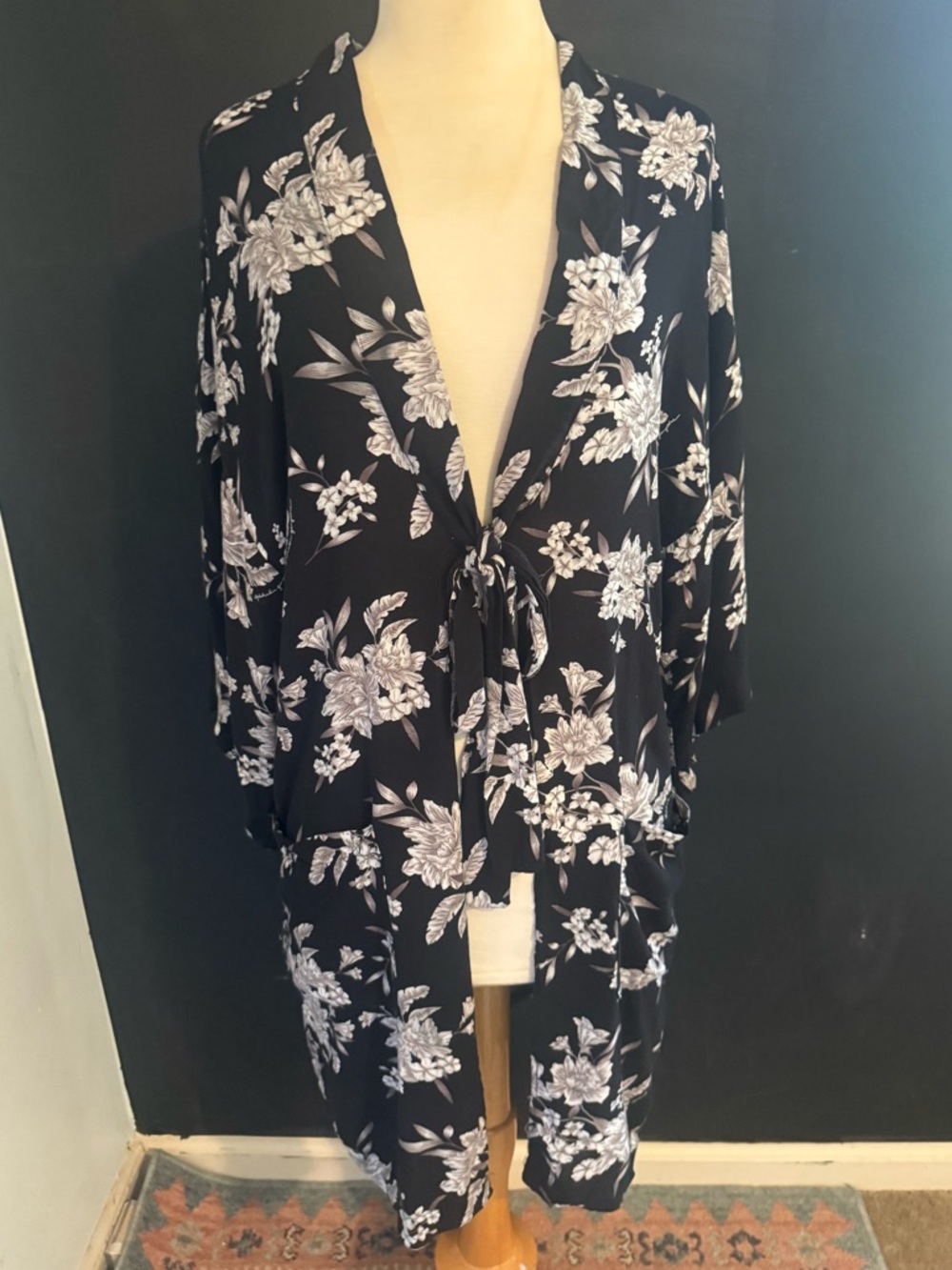 Black Floral Tie-Front Kimono Spiritual Gangster One Size Swimsuit Coverup